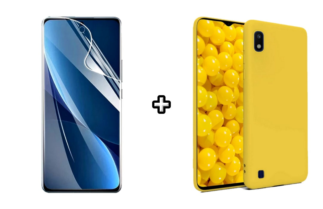 Set Husa Silicon plus Folie din sticla Transparenta compatibila cu Samsung Galaxy A10, galbena, protectie 360