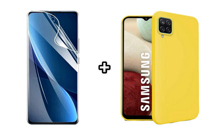 Set Husa Silicon plus Folie din sticla Transparenta compatibila cu Samsung Galaxy A12, galbena, protectie 360