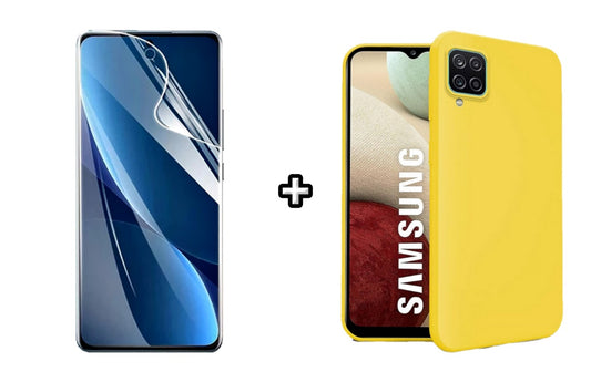 Set Husa Silicon plus Folie din sticla Transparenta compatibila cu Samsung Galaxy A22 5G, galbena, protectie 360