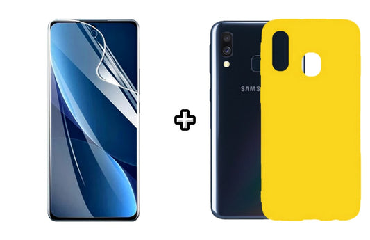 Set Husa Silicon plus Folie din sticla Transparenta compatibila cu Samsung Galaxy A20E, galbena, protectie 360