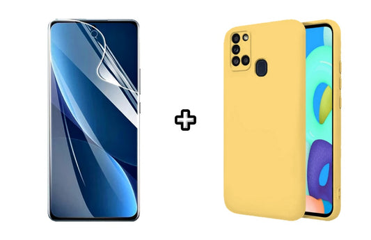 Set Husa Silicon plus Folie din sticla Transparenta compatibila cu Samsung Galaxy A21s, galbena, protectie 360