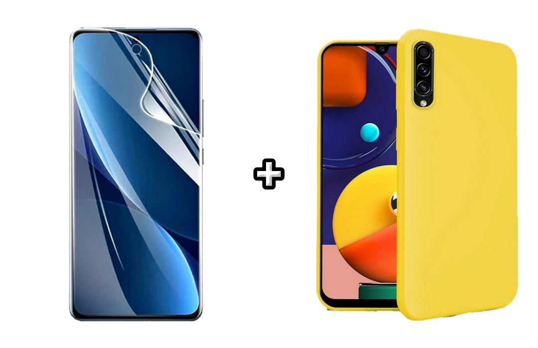 Set Husa Silicon plus Folie din sticla Transparenta compatibila cu Samsung Galaxy A50, galbena, protectie 360