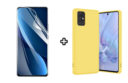 Set Husa Silicon plus Folie din sticla Transparenta compatibila cu Samsung Galaxy A71 5G, galbena, protectie 360