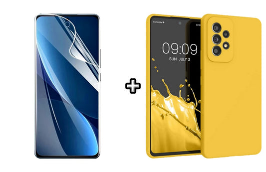 Set Husa Silicon plus Folie din sticla Transparenta compatibila cu Samsung Galaxy A73, galbena, protectie 360