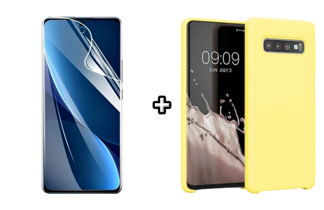 Set Husa Silicon plus Folie din sticla Transparenta compatibila cu Samsung Galaxy S10 Plus, galbena, protectie 360