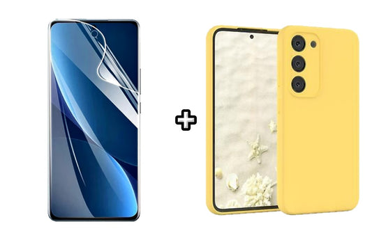Set Husa Silicon plus Folie din sticla Transparenta compatibila cu Samsung Galaxy S23, galbena, protectie 360