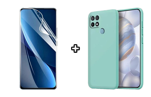 Set Husa Silicon plus Folie din sticla Transparenta compatibila cu OPPO A15, menta, protectie 360