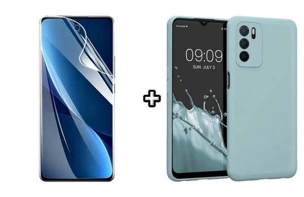 Set Husa Silicon plus Folie din sticla Transparenta compatibila cu OPPO A16, menta, protectie 360