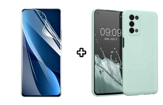 Set Husa Silicon plus Folie din sticla Transparenta compatibila cu OPPO A54 4G, menta, protectie 360