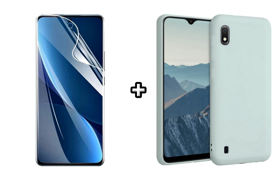 Set Husa Silicon plus Folie din sticla Transparenta compatibila cu Samsung Galaxy A10, menta, protectie 360