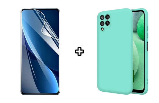 Set Husa Silicon plus Folie din sticla Transparenta compatibila cu Samsung Galaxy A22 4G, menta, protectie 360