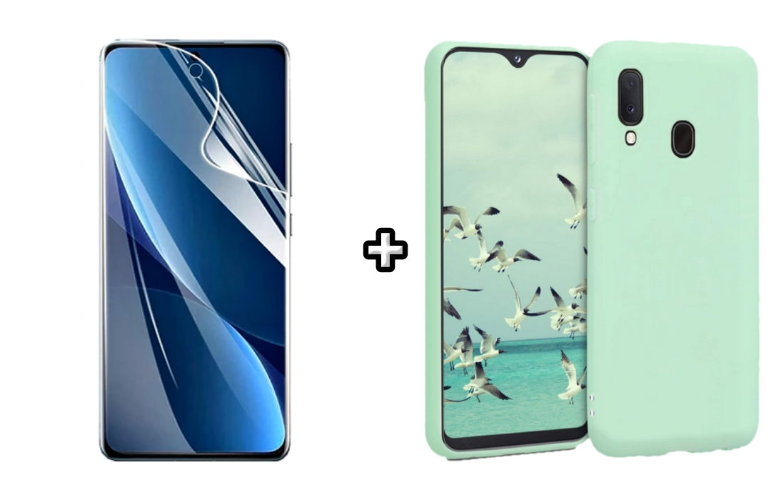 Set Husa Silicon plus Folie din sticla Transparenta compatibila cu Samsung Galaxy A20E, menta, protectie 360