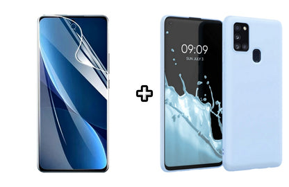 Set Husa Silicon plus Folie din sticla Transparenta compatibila cu Samsung Galaxy A21s, menta, protectie 360