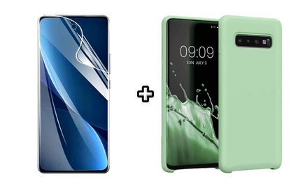 Set Husa Silicon plus Folie din sticla Transparenta compatibila cu Samsung Galaxy S10 Plus, menta, protectie 360