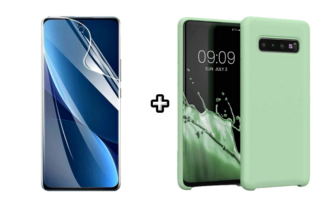 Set Husa Silicon plus Folie din sticla Transparenta compatibila cu Samsung Galaxy S10, menta, protectie 360