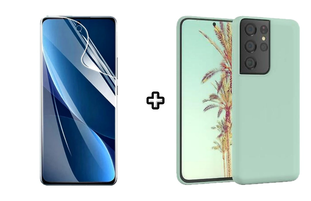 Set Husa Silicon plus Folie din sticla Transparenta compatibila cu Samsung Galaxy S24 Ultra, menta, protectie 360