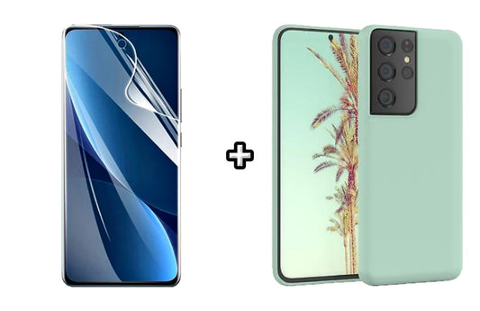 Set Husa Silicon plus Folie din sticla Transparenta compatibila cu Samsung Galaxy S24 Ultra, menta, protectie 360