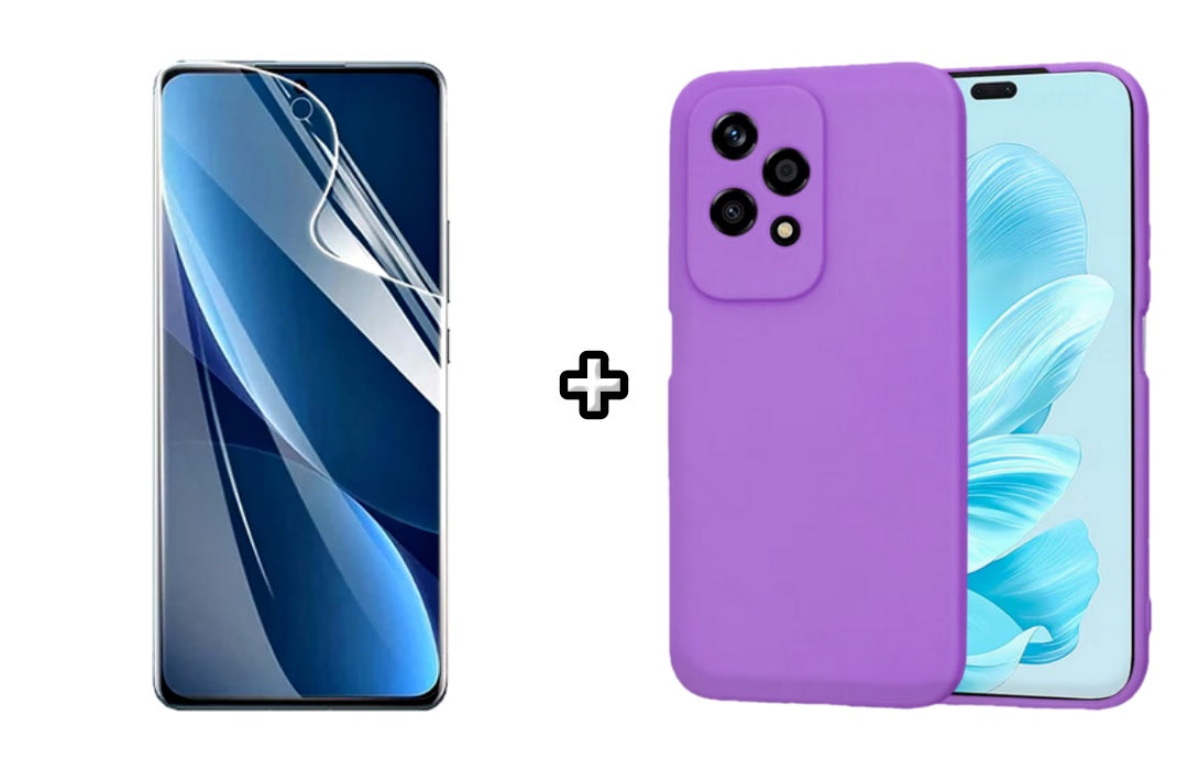 Set Husa Silicon plus Folie din sticla Transparenta compatibila cu Honor 200 Lite, mov, protectie 360