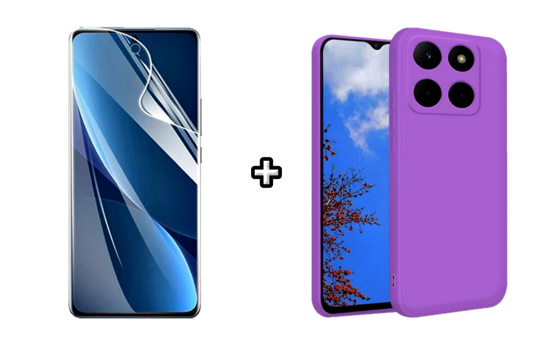 Set Husa Silicon plus Folie din sticla Transparenta compatibila cu Honor X6a, mov, protectie 360