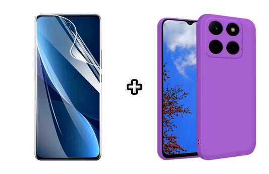 Set Husa Silicon plus Folie din sticla Transparenta compatibila cu Honor X6a, mov, protectie 360