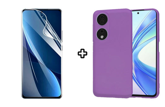 Set Husa Silicon plus Folie din sticla Transparenta compatibila cu Honor X7b, mov, protectie 360