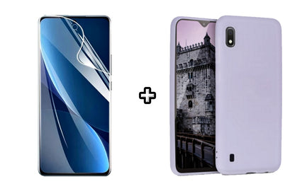 Set Husa Silicon plus Folie din sticla Transparenta compatibila cu Samsung Galaxy A10, mov, protectie 360
