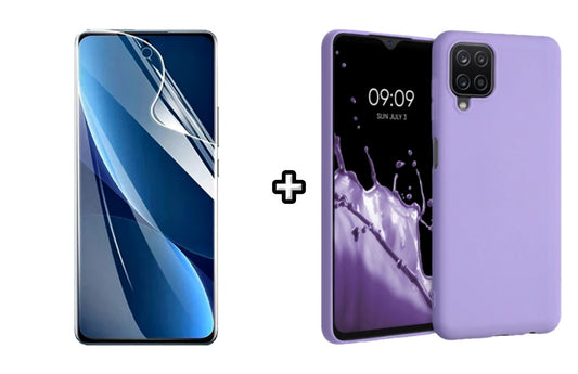 Set Husa Silicon plus Folie din sticla Transparenta compatibila cu Samsung Galaxy A12, mov, protectie 360