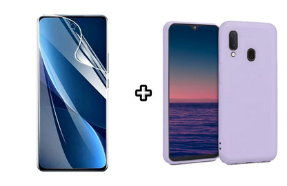 Set Husa Silicon plus Folie din sticla Transparenta compatibila cu Samsung Galaxy A20E, mov, protectie 360