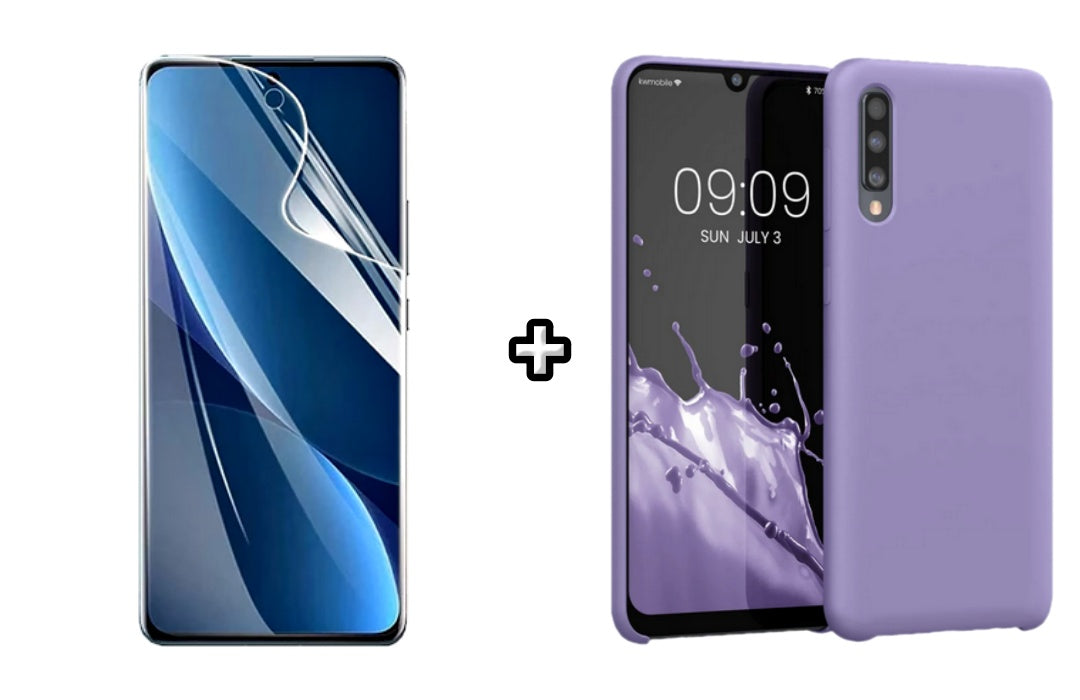 Set Husa Silicon plus Folie din sticla Transparenta compatibila cu Samsung Galaxy A50, mov, protectie 360