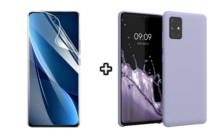 Set Husa Silicon plus Folie din sticla Transparenta compatibila cu Samsung Galaxy A51, mov, protectie 360