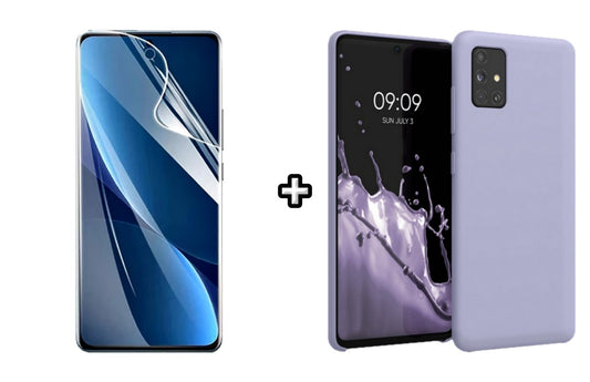 Set Husa Silicon plus Folie din sticla Transparenta compatibila cu Samsung Galaxy A71 5G, mov, protectie 360