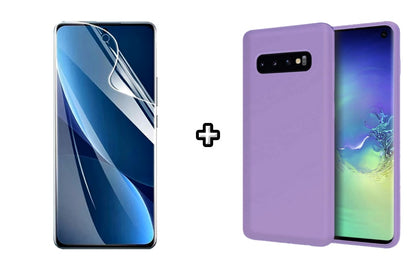 Set Husa Silicon plus Folie din sticla Transparenta compatibila cu Samsung Galaxy S10, mov, protectie 360