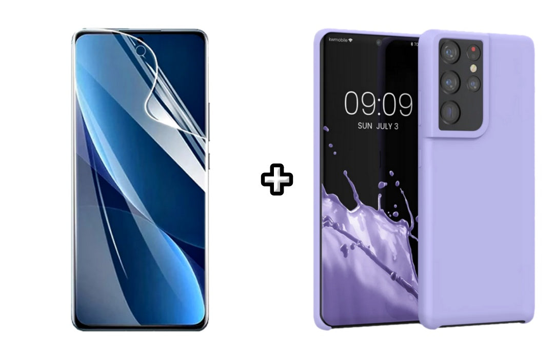 Set Husa Silicon plus Folie din sticla Transparenta compatibila cu Samsung Galaxy S24 Ultra, mov, protectie 360