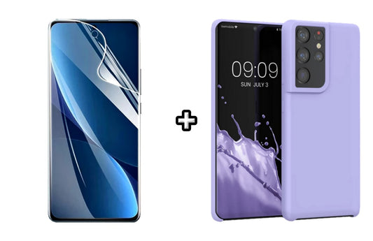 Set Husa Silicon plus Folie din sticla Transparenta compatibila cu Samsung Galaxy S23 Ultra, mov, protectie 360