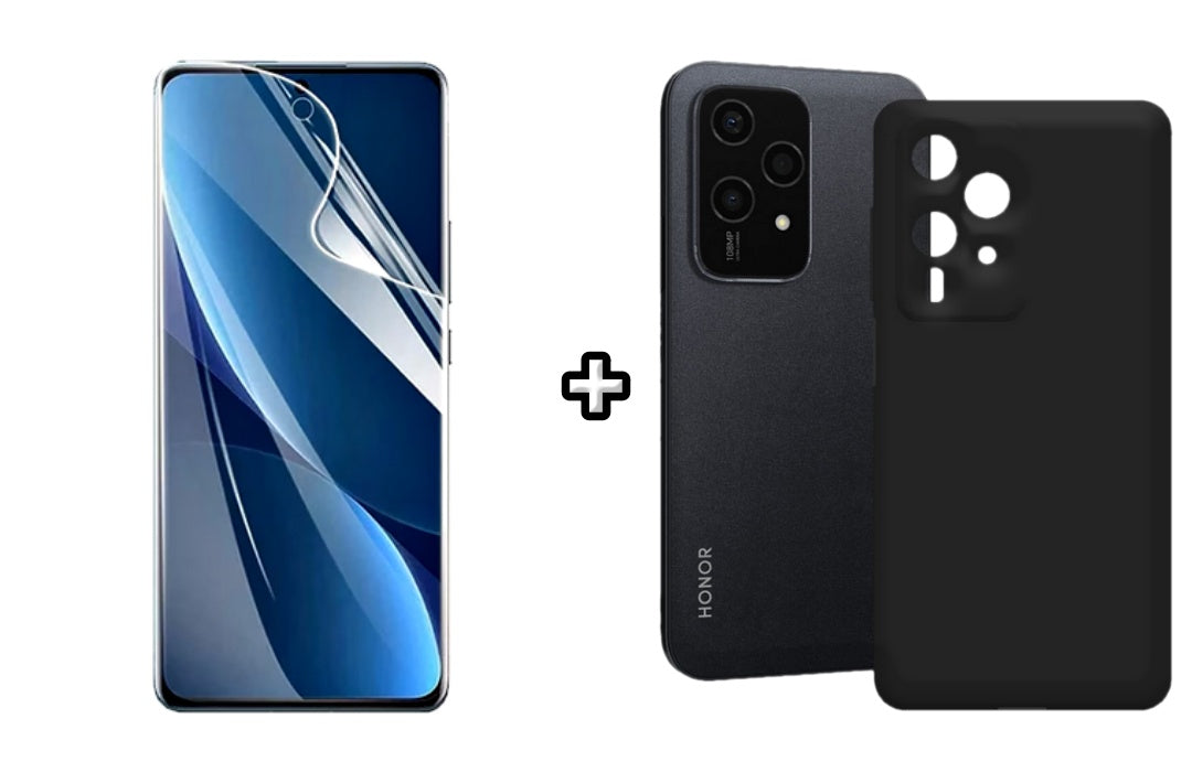 Set Husa Silicon plus Folie din sticla Transparenta compatibila cu Honor 200 Lite, neagra, protectie 360