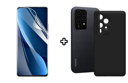 Set Husa Silicon plus Folie din sticla Transparenta compatibila cu Honor 200 Lite, neagra, protectie 360