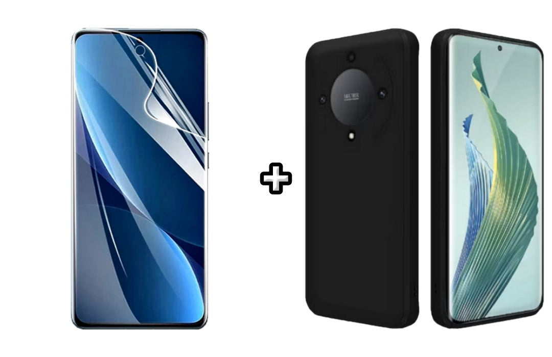 Set Husa Silicon plus Folie din sticla Transparenta compatibila cu Honor Magic5 Lite, neagra, protectie 360