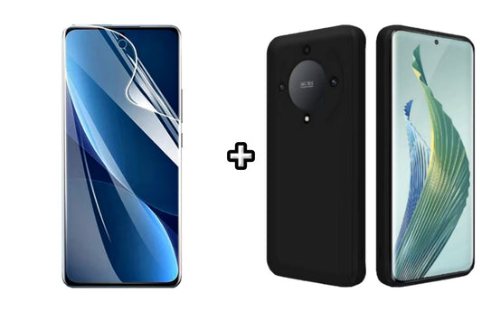 Set Husa Silicon plus Folie din sticla Transparenta compatibila cu Honor Magic5 Lite, neagra, protectie 360