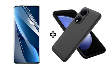 Set Husa Silicon plus Folie din sticla Transparenta compatibila cu Honor X7b, neagra, protectie 360
