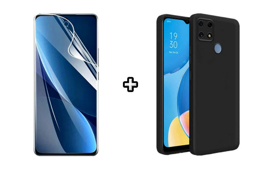 Set Husa Silicon plus Folie din sticla Transparenta compatibila cu OPPO A15, neagra, protectie 360