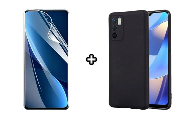 Set Husa Silicon plus Folie din sticla Transparenta compatibila cu OPPO A16, neagra, protectie 360