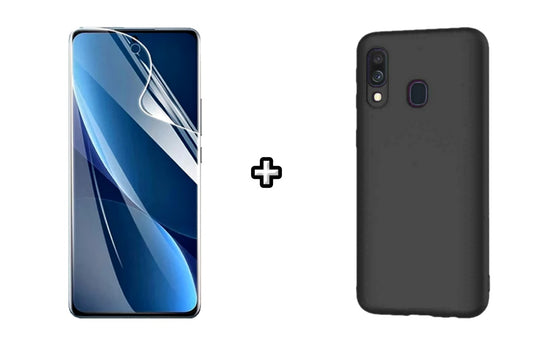 Set Husa Silicon plus Folie din sticla Transparenta compatibila cu Samsung Galaxy A10, neagra, protectie 360