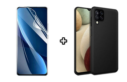 Set Husa Silicon plus Folie din sticla Transparenta compatibila cu Samsung Galaxy A12, neagra, protectie 360
