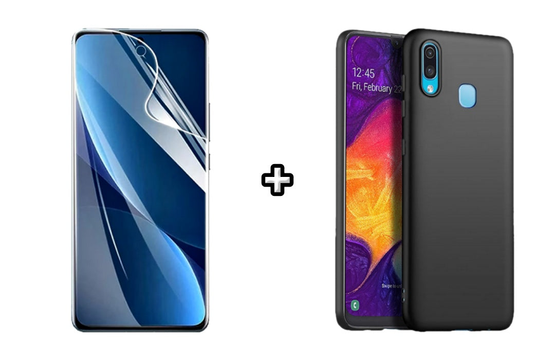 Set Husa Silicon plus Folie din sticla Transparenta compatibila cu Samsung Galaxy A20E, neagra, protectie 360