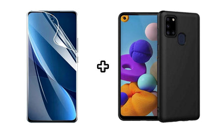 Set Husa Silicon plus Folie din sticla Transparenta compatibila cu Samsung Galaxy A21s, neagra, protectie 360