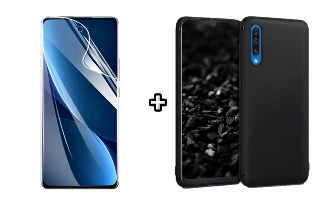 Set Husa Silicon plus Folie din sticla Transparenta compatibila cu Samsung Galaxy A50, neagra, protectie 360