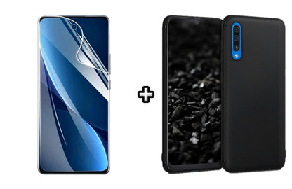 Set Husa Silicon plus Folie din sticla Transparenta compatibila cu Samsung Galaxy A50, neagra, protectie 360