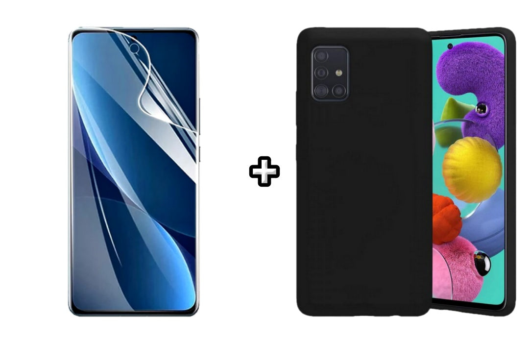 Set Husa Silicon plus Folie din sticla Transparenta compatibila cu Samsung Galaxy A51, neagra, protectie 360