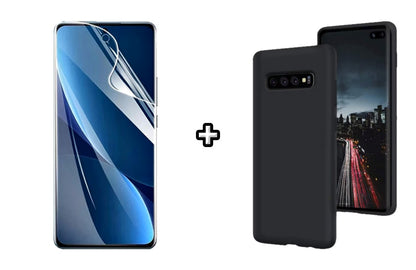 Set Husa Silicon plus Folie din sticla Transparenta compatibila cu Samsung Galaxy S10, neagra, protectie 360