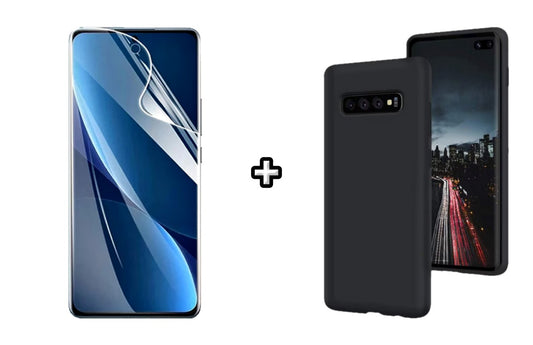 Set Husa Silicon plus Folie din sticla Transparenta compatibila cu Samsung Galaxy S10, neagra, protectie 360